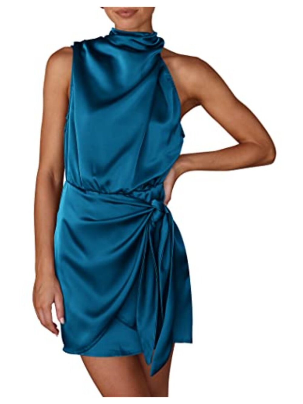 Sleeveless Satin Cocktail Dress Mock Neck Tie Waist Mini